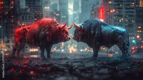 Two bulls a duel confrontation strong fight or competition against backdrop city. photo