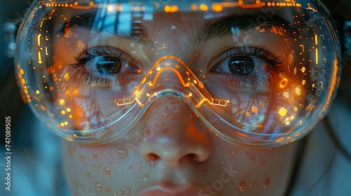 A reflection on eyeglasses shows an engineer examining AI technology
