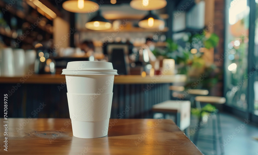 White paper coffee cup mockup at coffee shop White paper coffee cup mockup at coffee shop