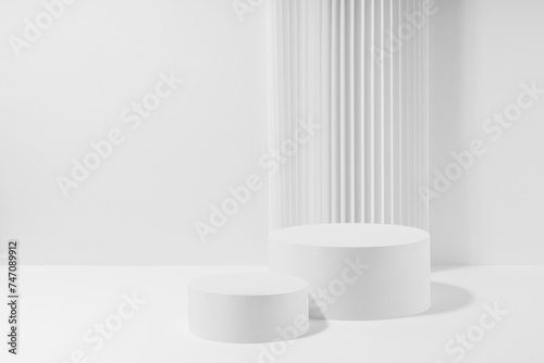 Two white round podiums with striped column as geometric decor, mockup on white background. Template for presentation cosmetic products, gifts, goods, advertising in contemporary black friday style.