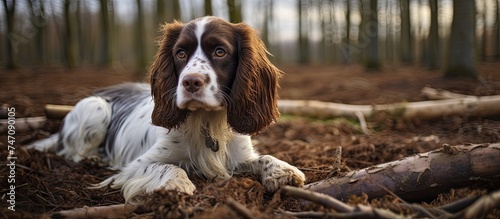 A brown and white spaniel dog is seen laying down on top of a forest floor, surrounded by greenery and fallen leaves.