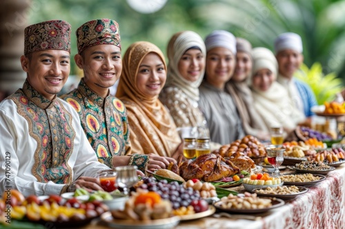 Group of happy muslim people celebrating Eid al-Fitr in the restaurant