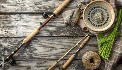 Fishing gear with hooks, rod, lines, baits, and shoes on wooden background with text space.