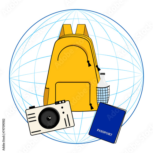 traveling things, a backpack with a camera and a document against the background of the planet's silhouette