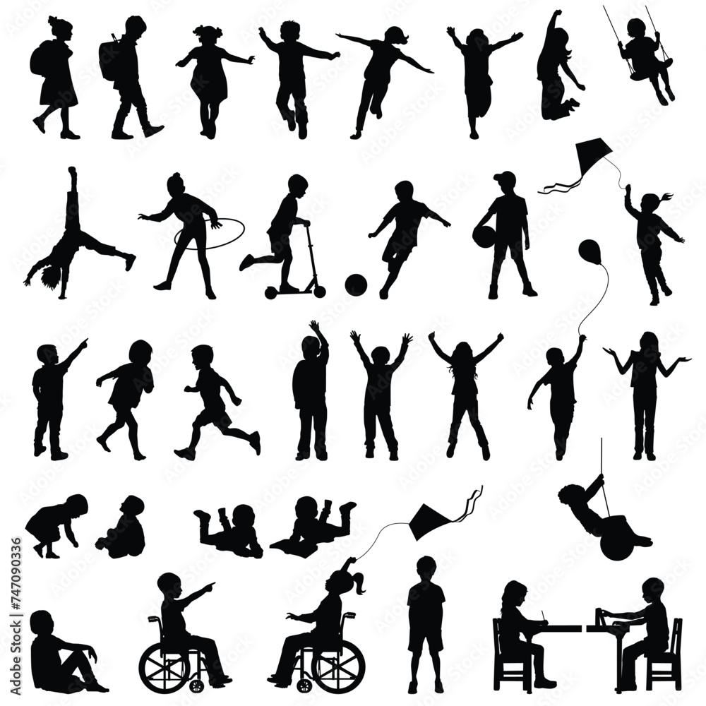 Children silhouettes who playing, standing, running. Black vectoral drawing on white background.