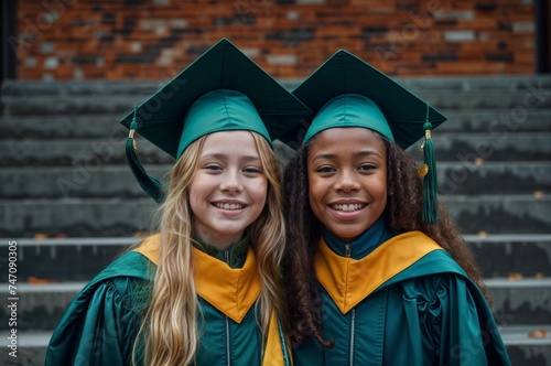 Portrait of smiling students in graduation gowns standing on steps outdoors