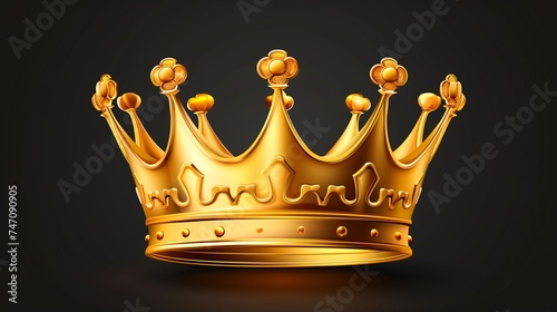 3D lifelike icon of a golden crown up close, isolated, with a metallic yellow design, representing royal authority and opulence from the front.