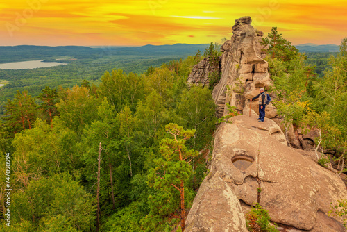 Magnificent rocks of the Arakul shikhan of the granite rock massif of the Middle Urals on a summer day