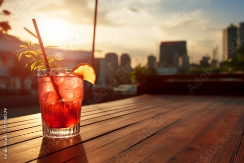 Cocktail on the table with city view during sunset