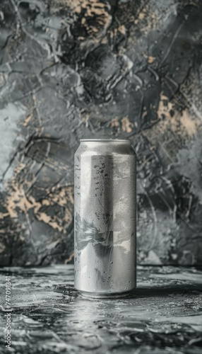 Empty aluminum soda can mockup on abstract background with space for text placement