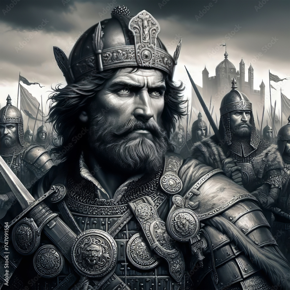 Obraz premium Medieval knight in armor and helmet on the background of battle scenes