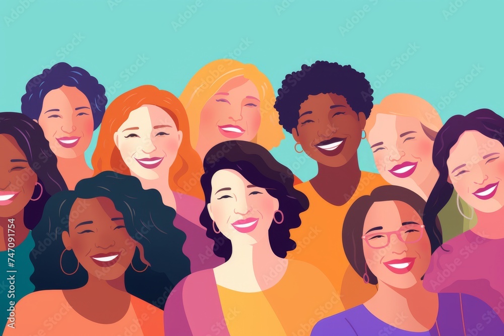 Diverse group of women smiling and celebrating International Woman's Day. Diversity, gender equality, inclusion theme background. Diverse group of women smiling and celebrating International Woman's Day. Diversity, gender equality, inclusion theme background.