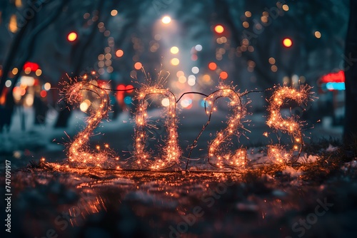 text "2025" in gold shines in the night sky with fireworks. generative AI