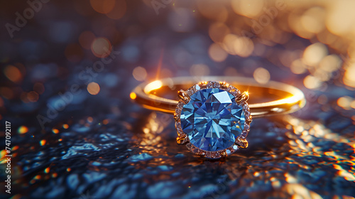 Beautiful gold ring with a blue gemstone or diamond on a beautiful background. generative ai 