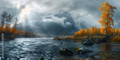 a scenic autumn landscape of river and trees in northern Russi. 