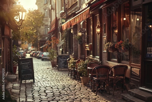 A cozy cafÃ© nestled on a cobblestone street, where patrons sip steaming cups of coffee and indulge in freshly baked pastries.