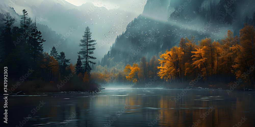 Tranquil scene of autumn forest mountain range and reflection on pond generated by AI
