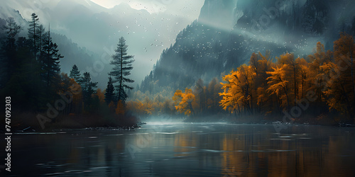 Tranquil scene of autumn forest mountain range and reflection on pond generated by AI 