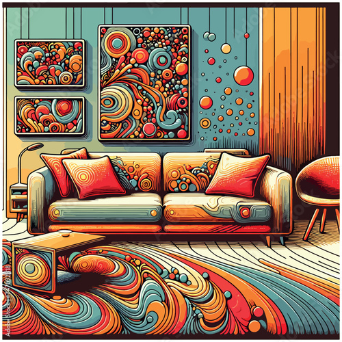 Comfortable couch with orange and red pillow in spacious living room interior. Generative AI