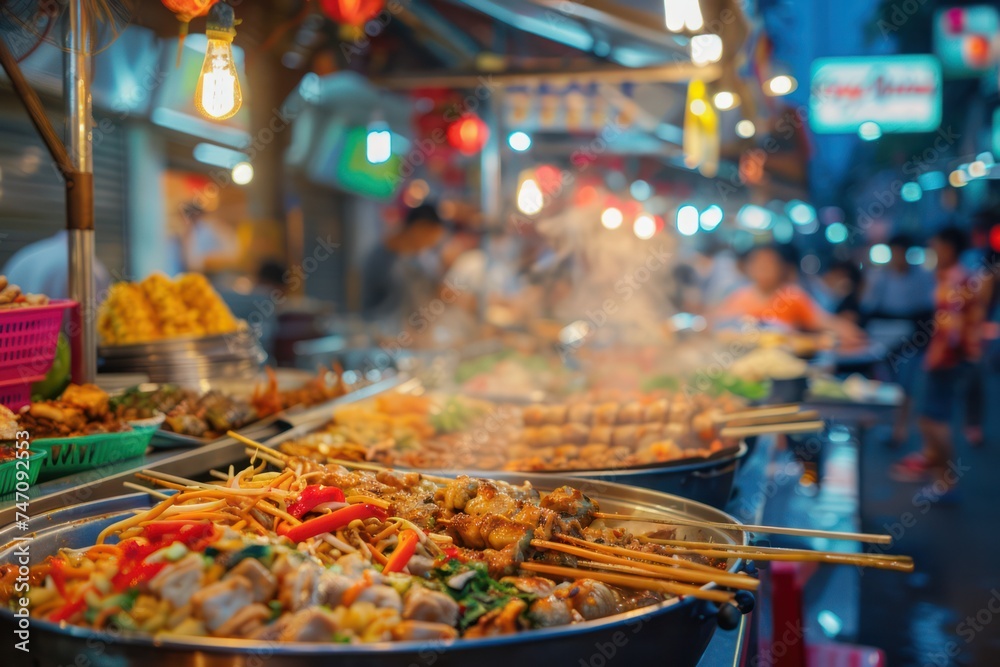 Bustling street food market filled with colorful stalls offering an array of international cuisines, from sizzling kebabs to steaming dumplings. 