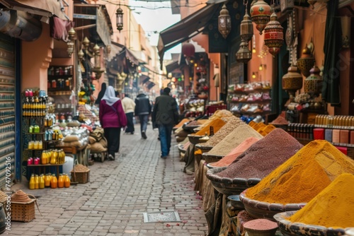 Bustling souk in Marrakech, with narrow alleyways lined with stalls selling spices, textiles, and handicrafts, and the air filled with the sounds of bargaining and chatter.