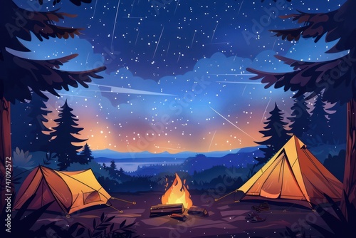 Campfire burning under a starry sky, with tents pitched nearby and the sounds of nature all around.  © Straxer