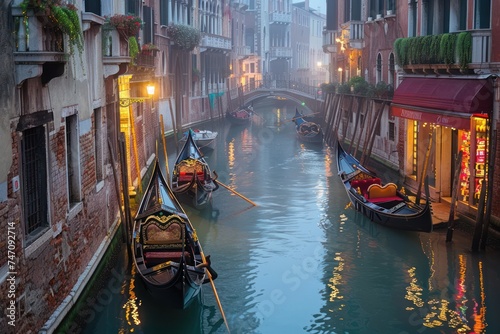 Canal scene in Venice, with gondolas gliding along the waterways, ancient buildings reflected in the water, and the soft glow of streetlights. 