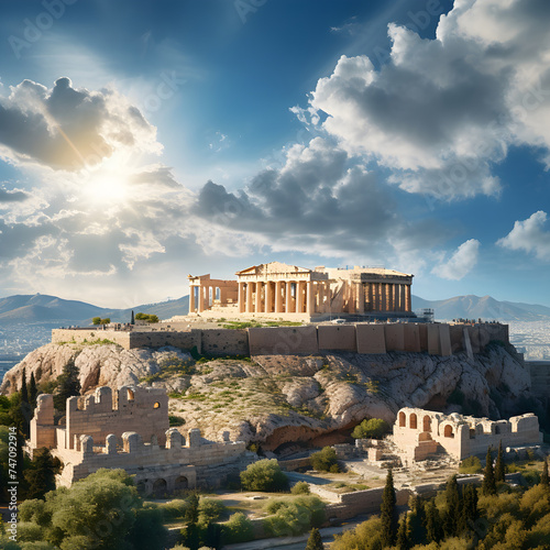Magical Golden Hour at the Historic Acropolis of Athens Overlooking the City