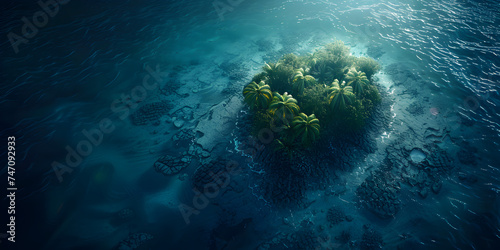 Erial view of small exotic atoll islands in the open ocean sea beautiful nature 3d illustration