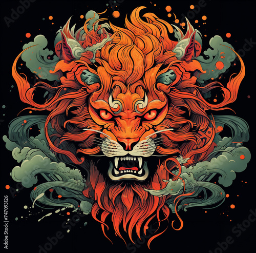 a lion with a red mane and a black background with clouds and stars around it  with a red and orange lion s head  generative ai