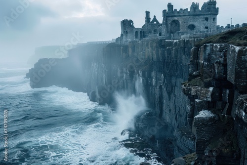 Cliffside castle perched high above the crashing waves of the sea, with rugged cliffs and swirling mists adding to the sense of mystery. 