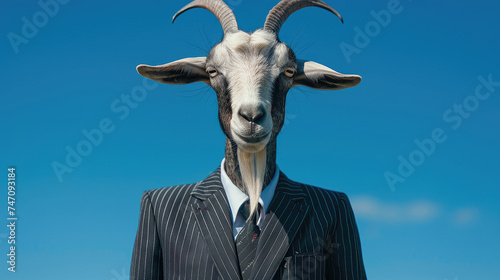 Goat in formal suit with striped pattern and tie on bright blue sky background © boxstock production