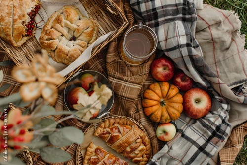 Cozy autumn picnic in the park, with baskets filled with warm cider, pumpkin pie, and freshly baked apple turnovers. 