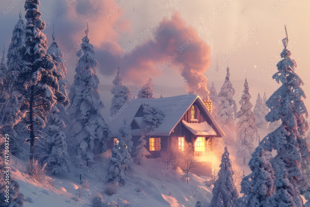 Cozy cabin nestled in a snowy forest, with smoke curling from the ...