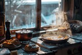 Cozy winter scene, with a steaming pot of hearty stew simmering on the stove and crusty bread baking in the oven. 