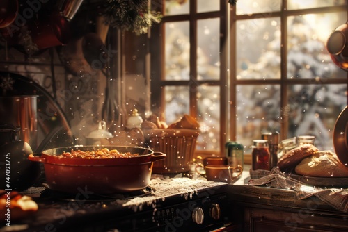 Cozy winter scene, with a steaming pot of hearty stew simmering on the stove and crusty bread baking in the oven. 
