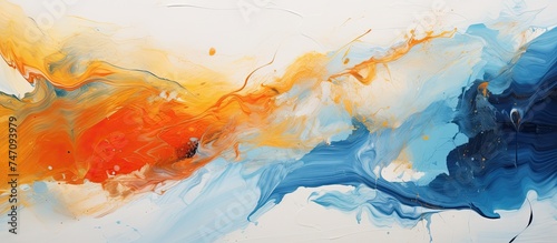 This abstract painting showcases vibrant blue and orange colors mixing with gold and white, creating a dynamic and expressive composition. The colors flow and blend, creating a visually striking and
