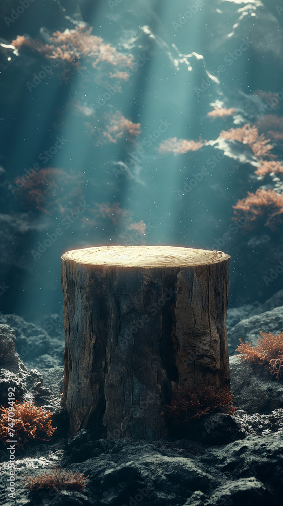 a tree stump podium underwater themed coral reef background