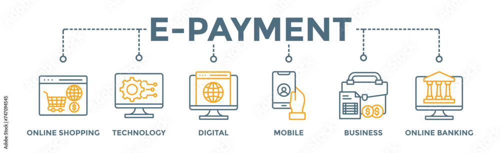 E-Payment banner web icon illustration concept of internet banking with icon of online shopping, technology, digital, mobile, business and online banking E-Payment banner web icon illustration concept of internet banking with icon of online shopping, technology, digital, mobile, business and online banking