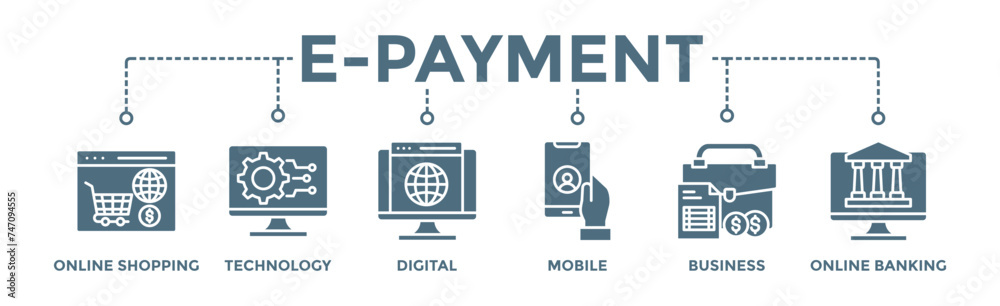 E-Payment banner web icon illustration concept of internet banking with icon of online shopping, technology, digital, mobile, business and online banking