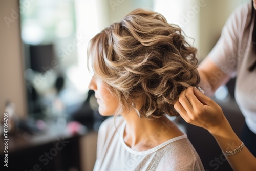 Hairdresser styling clients hair against vibrant light blue backdrop in studio