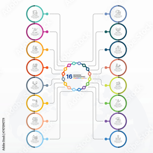 Modern infographic with 16 steps and business icons for presentation.