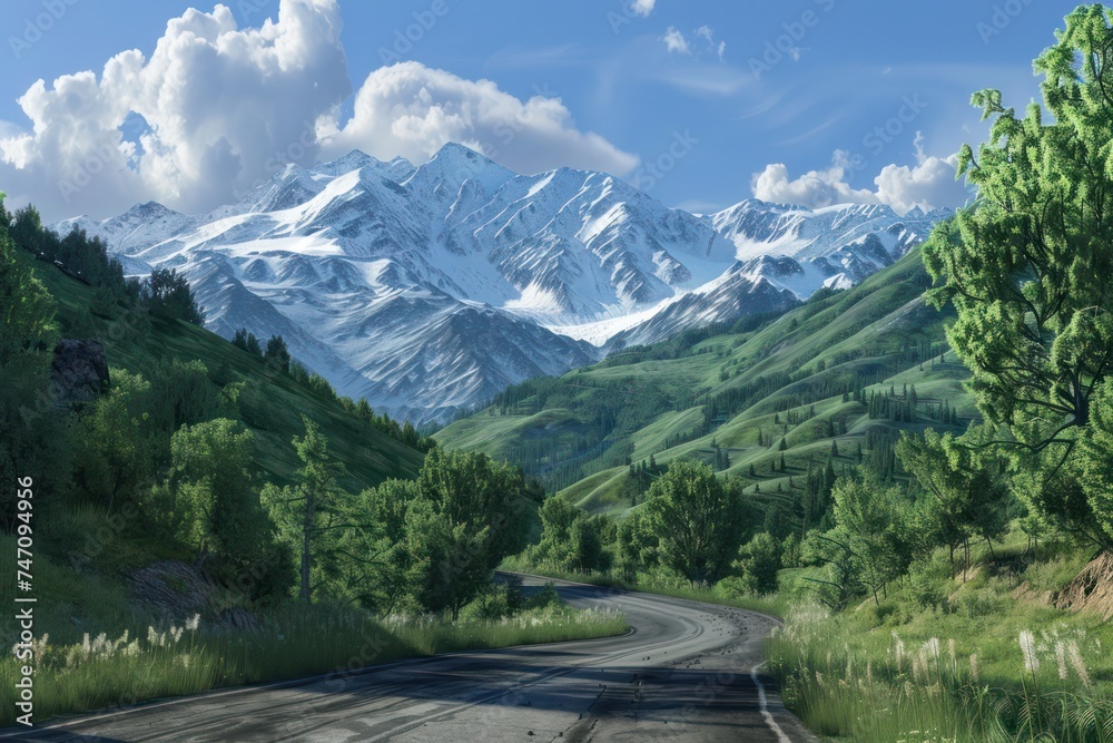 Serene scene of a winding mountain road, with lush greenery, towering peaks, and a clear blue sky stretching to the horizon.