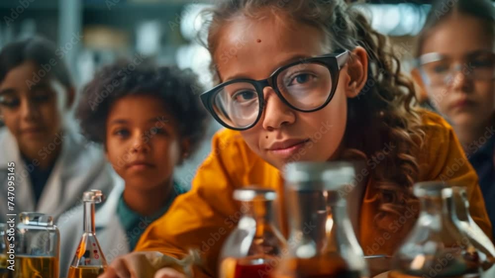 A young female chemistry teacher is teaching a group of multi-ethnic teenage students. Observe chemical reactions in glass bottles in the school laboratory.