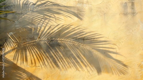 Empty palm shadow yellow color cement wall background. Used for presentation business nature organic cosmetic products for sale shop online. Summer tropical beach with minimal concept. Generative Ai