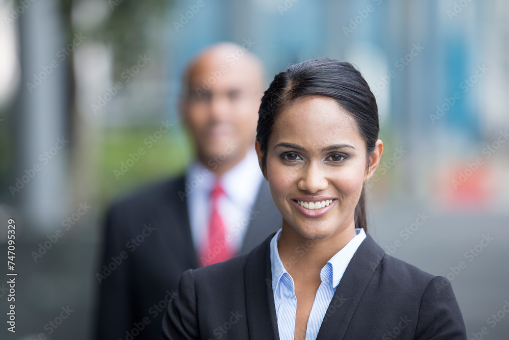Indian business man and woman in a modern urban setting. Indian business man and woman in a modern urban setting.