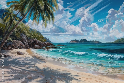 Tranquil scene of a secluded tropical beach, with palm trees swaying in the breeze, turquoise waters lapping at the shore, and the sound of waves