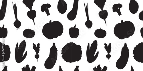 Vector seamless food shapes pattern. Vegetable silhouettes fresh organic ingredients on white background. Wallpaper, print, textile, fabric, wrapping, banner.
