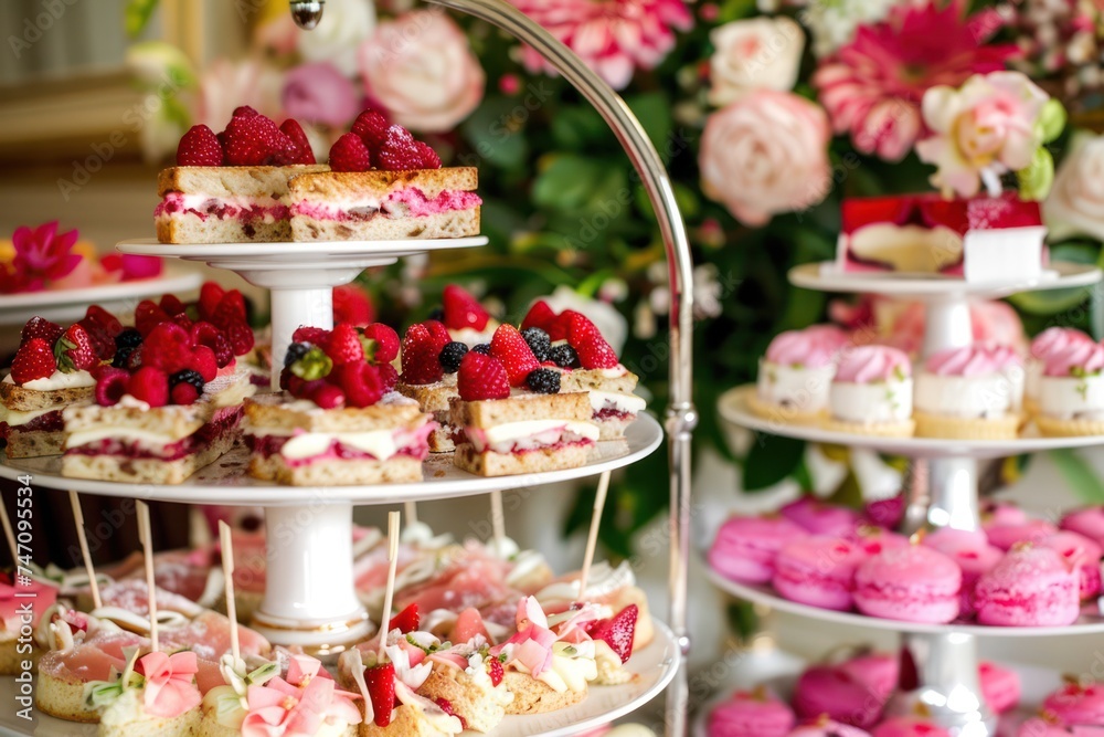 Elegant afternoon tea party, with tiered trays of finger sandwiches, scones with clotted cream and jam, and delicate petit fours Elegant afternoon tea party, with tiered trays of finger sandwiches, scones with clotted cream and jam, and delicate petit fours