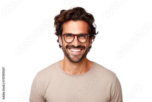 Studio portrait of handsome young Caucasian Americana man wear glasses and casual shirt with a beautiful smiling isolated on transparent png background. © somsuda